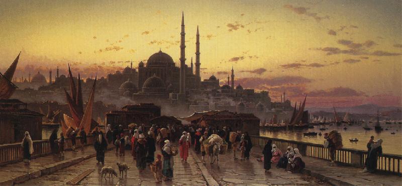 Hermann David Solomon Corrodi Dusk on the Galata Bridge and the Yeni Valide Djami, Constantinople